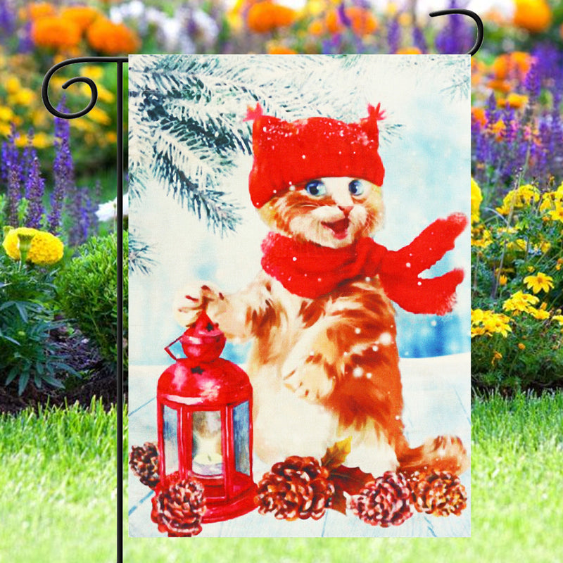 Christmas Decorations Garden Flag Winter Lantern Red Scarf Cat Double Sided Yard Banner