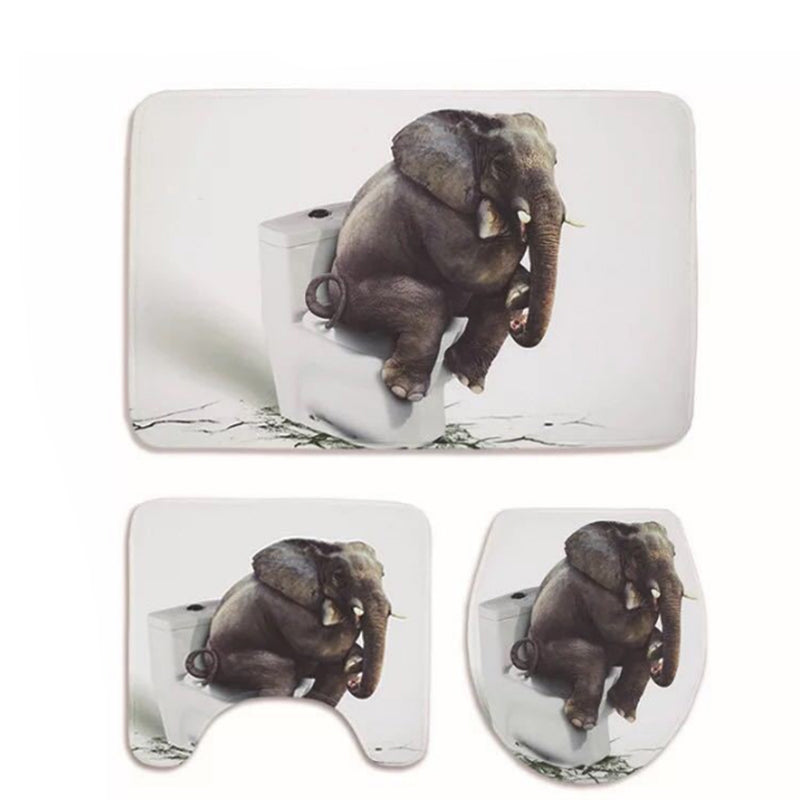 3pcs Bathroom Rug Mats Set 3D Elephant Flannel Soft Anti-slip Shower Toilet Carpet