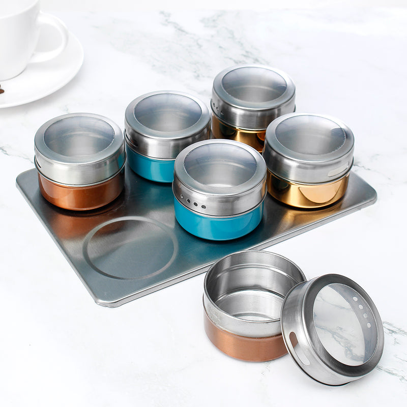 6Pcs Magnetic Spice Jar Tin Storage Stainless Steel Rack Kitchen Holder Stand