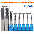 8pcs 2-12mm Carbide End Mill 4 Flutes Tungsten Steel Milling Cutter CNC Tools Set