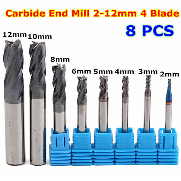 8pcs 2-12mm Carbide End Mill 4 Flutes Tungsten Steel Milling Cutter CNC Tools Set