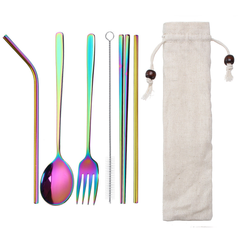 5 Pieces Portable Spoon Chopsticks Set Reusable Stainless Steel Spoon Chopsticks Straw Set