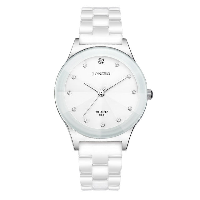 LONGBO 8631 White Ceramic Diamond Couple Watch Waterproof Casual Style Unisex Quartz Watch