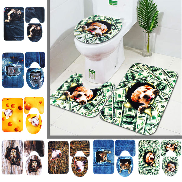3PCS Non-Slip Bathroom Washable Carpet Animal Bathroom Rug Toilet Cover Mat