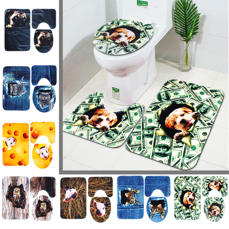 3PCS Non-Slip Bathroom Washable Carpet Animal Bathroom Rug Toilet Cover Mat