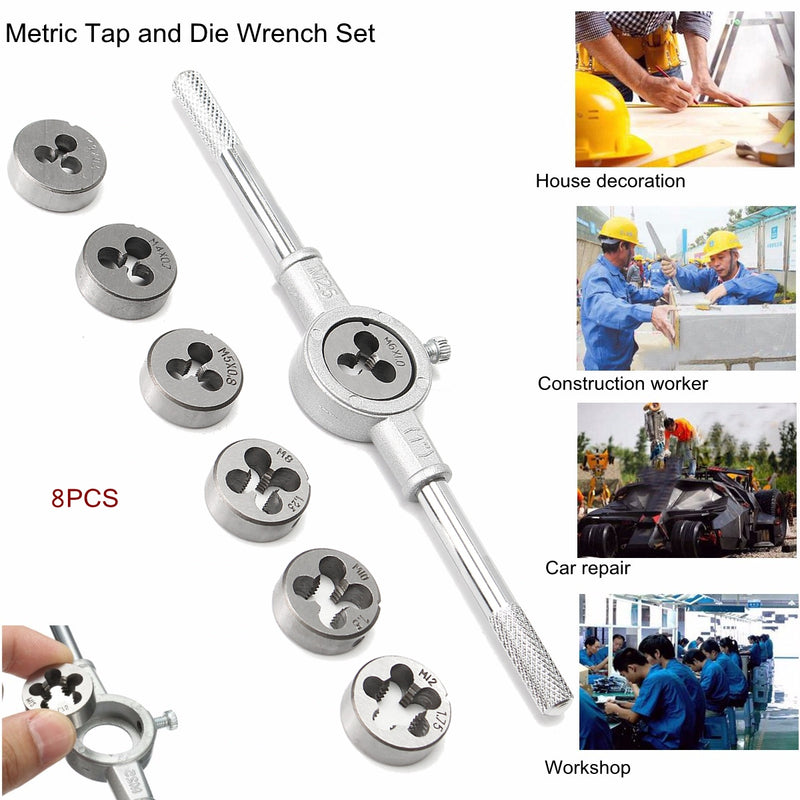 8pcs Metric Screw Tap Wrench and Die Set M3-M12 Nut Bolt Alloy Metal Hand Tools