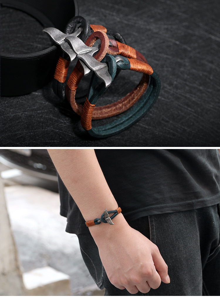 Whale Tail Alloy Leather Hand-knitted Men's Bracelet