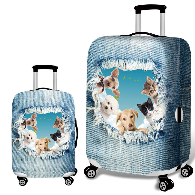 Honana Denim 3D Cute Cat Dog Elastic Luggage Cover Trolley Case Cover Warm Travel Suitcase Protector