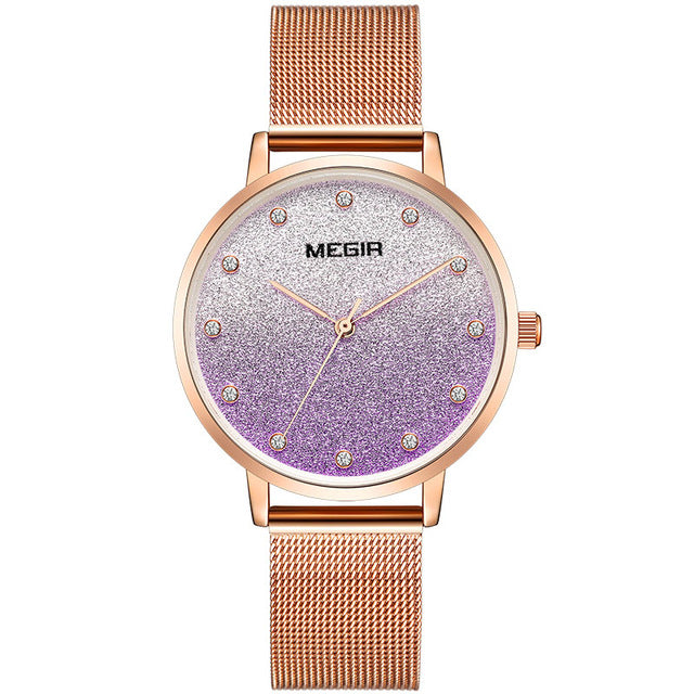 MEGIR 4215 Ultra Thin Simple Design Mesh Steel Strap Women Wristwatch Fashionable Quartz Watch