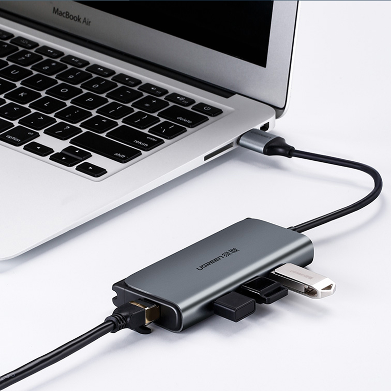 UGREEN CM208 5 in 1 USB3.0 High Speed with Gigabit Ethernet USB Hub Aluminum Alloy Extender Connector Selfcontainning with Power Supply Interface for PC Laptop