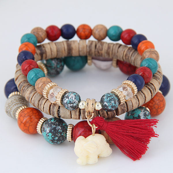 Bohemian Multilayer Bracelet Animal Elephant Heart Colorful Tassel Beaded Pendant Bracelet