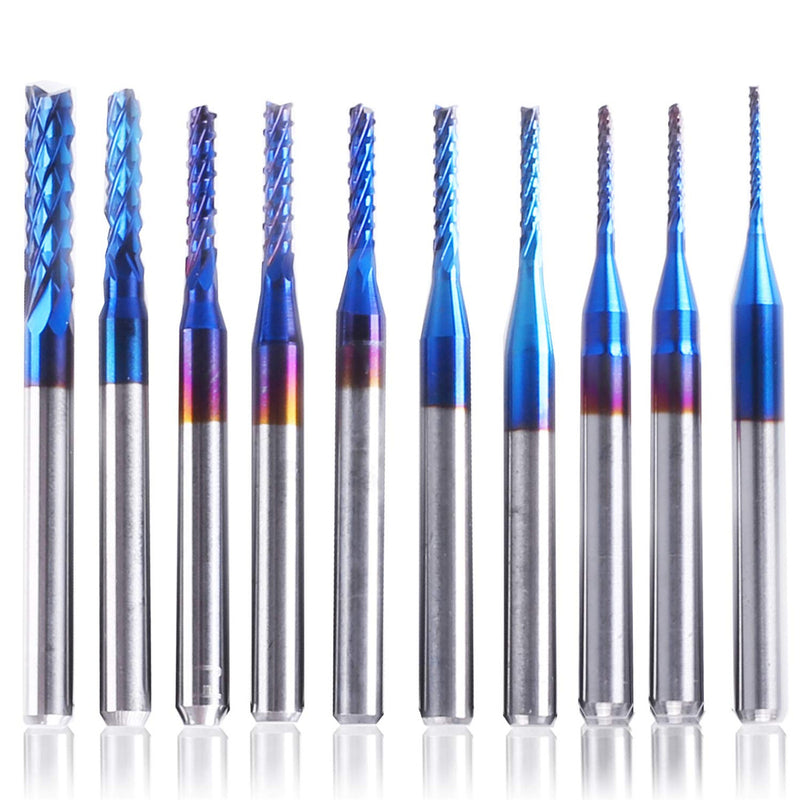 10Pcs 0.8-3mm Blue Nano Coating Engraving Milling Cutter Carbide End Mill CNC Router Bits 1/8 Inch Shank
