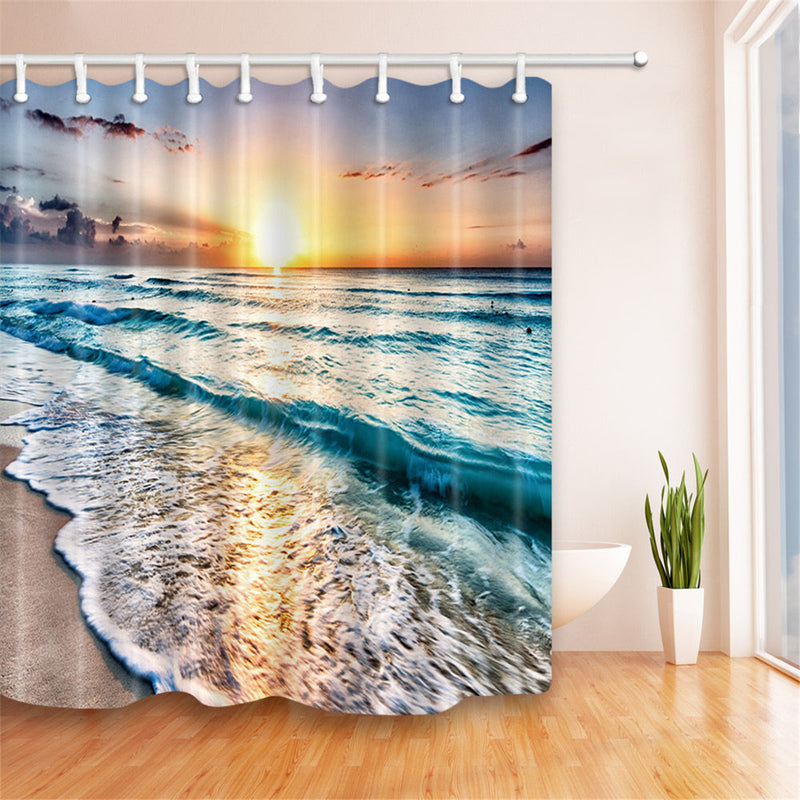Ocean Beach Sunset Polyester Waterproof Bathroom Shower Curtain Mat Set Decor