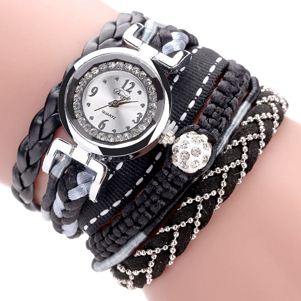 DUOYA DY080 Fashionable Fine Leather Band Winding Ladies Bracelet Watch Braided Quartz Watches