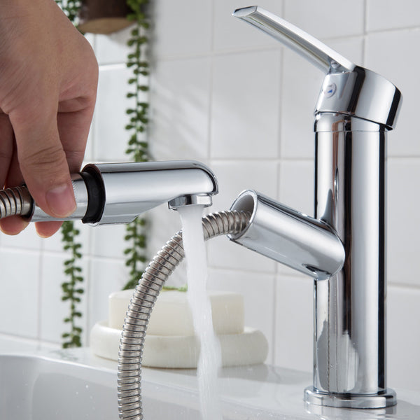 Adjustment Copper Faucet Lifting and Pulling Single Hole Bath Faucet  Hot and Cold Mixing with Two Pipes  Bathroom Kitchen
