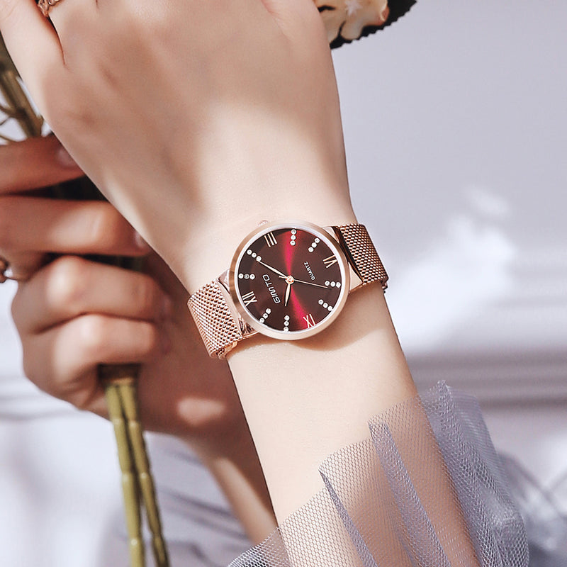 GIMTO GM616 Crystal Colorful Dial Fashion Rose Gold Mesh Steel Strap Casual Women Quartz Watch