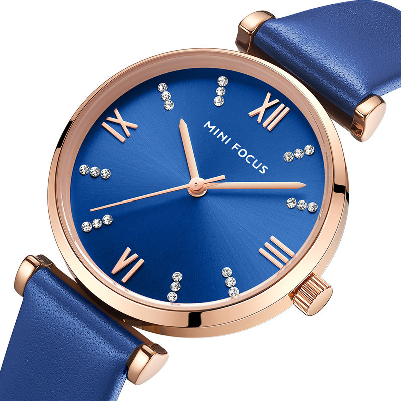 MINI FOCUS 0335L Fashion Zircon Decoration Women Watch Waterproof Genuine Leather Strap Quartz Watch