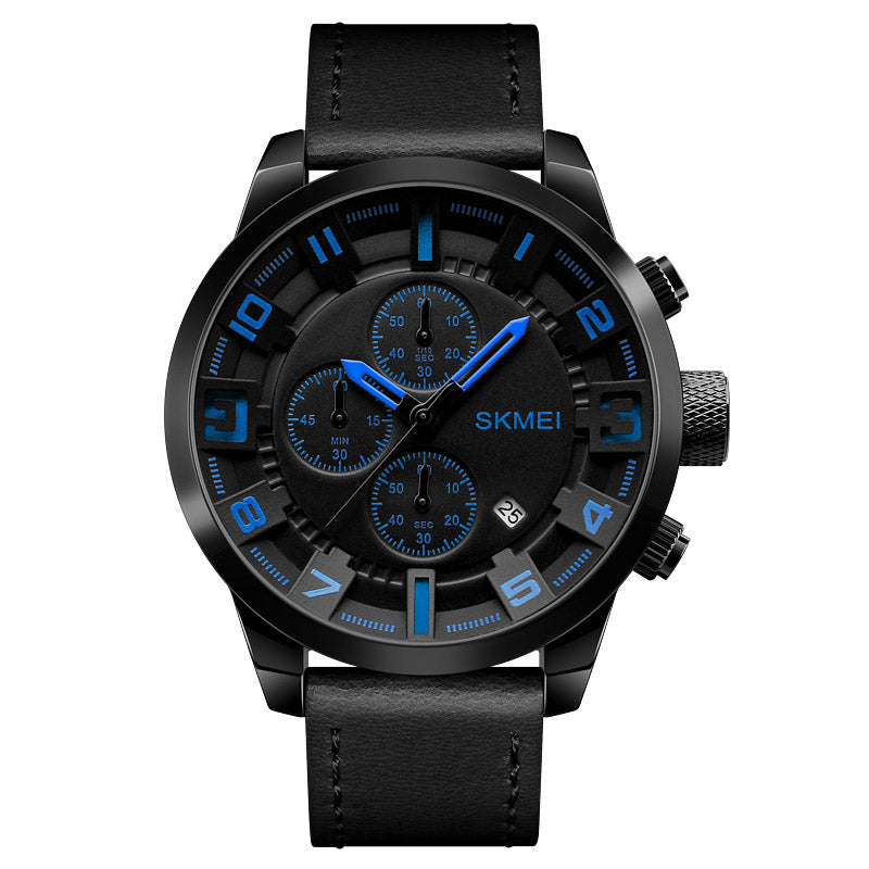 SKMEI 1309 Men Watch Fashion Leather Strap Three Smal Dials Stopwatch Male Quartz Wrist Watch