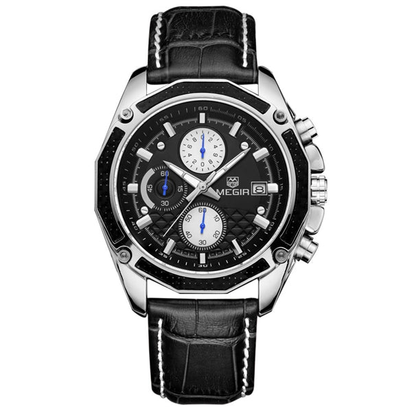 MEGIR M2015 Men Watch Leather Strap Multifunction Chronograph Fashion Casual Quartz Wrist Watch