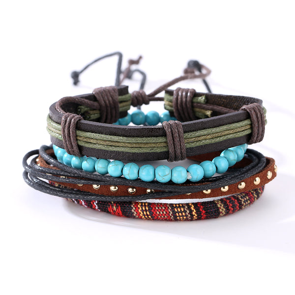 Punk Multilayer Bracelets Adjustable Woven Beads Leather Bracelets for Men