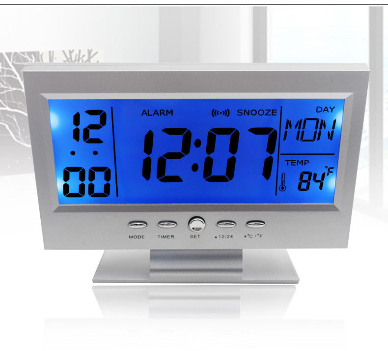 Voice Control Back-light LCD Alarm Clock Weather Monitor Calendar With Timer Sound Sensor Temperatur