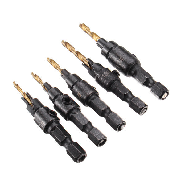 5pcs HSS 5/6/8/10/12 Countersink Chamfer Drill Bit Set Pilot Hole Woodworking Tool