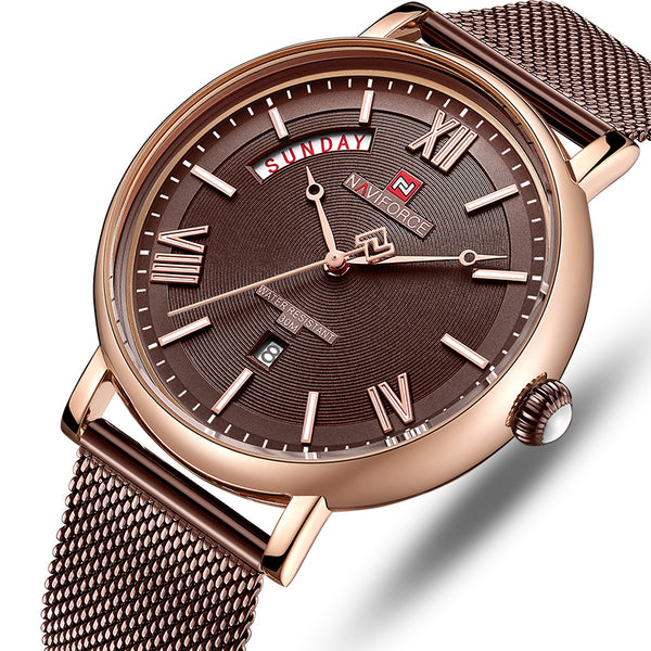 NAVIFORCE 3006 Waterproof Calendar Quartz Watch Mesh Steel Business Style Men Wrist Watch