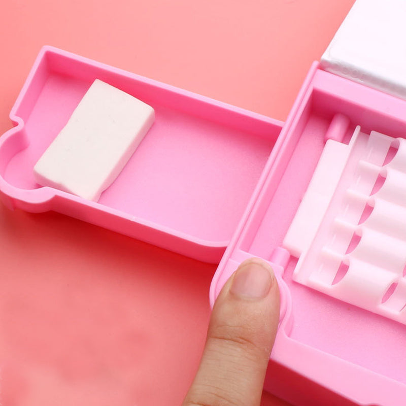 Plastic Cartoon Fancy Stationery Multi-function Pen Box with Sharpener 2 Layer Double Open Multi-layer Pencil Case Student Gift