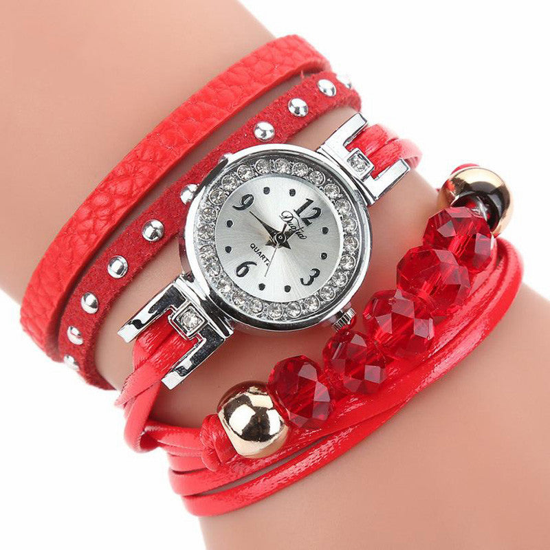 DUOYA D214 Crystal Casual Style Women Bracelet Watch Gift Leather Strap Quartz Watch