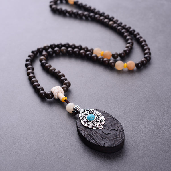 Vintage Pendant Necklace Black Beaded Geometric Oval Ethnic Sweater Necklace Unisex