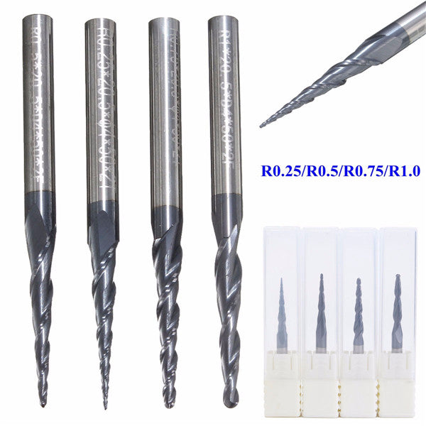 4pcs R0.25/R0.5/R0.75/R1.0mm 2 Flute Carbide Tapered End Mill Ball Nose Cutting Tool