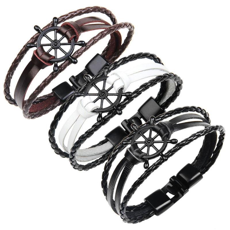 Punk Alloy Rudder Bracelet Cowhide Leather Bangle Wristband Men Jewelry