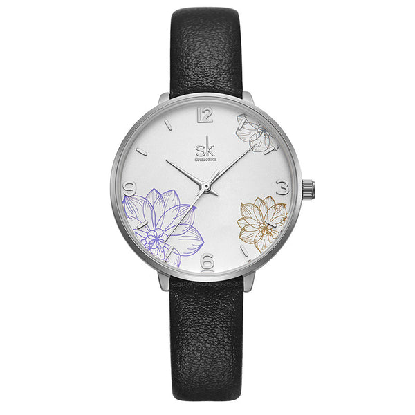 SHENGKE SK K9014 Flowers Pattern Elegant Dial Fashion Women Leather Strap Quartz Watch