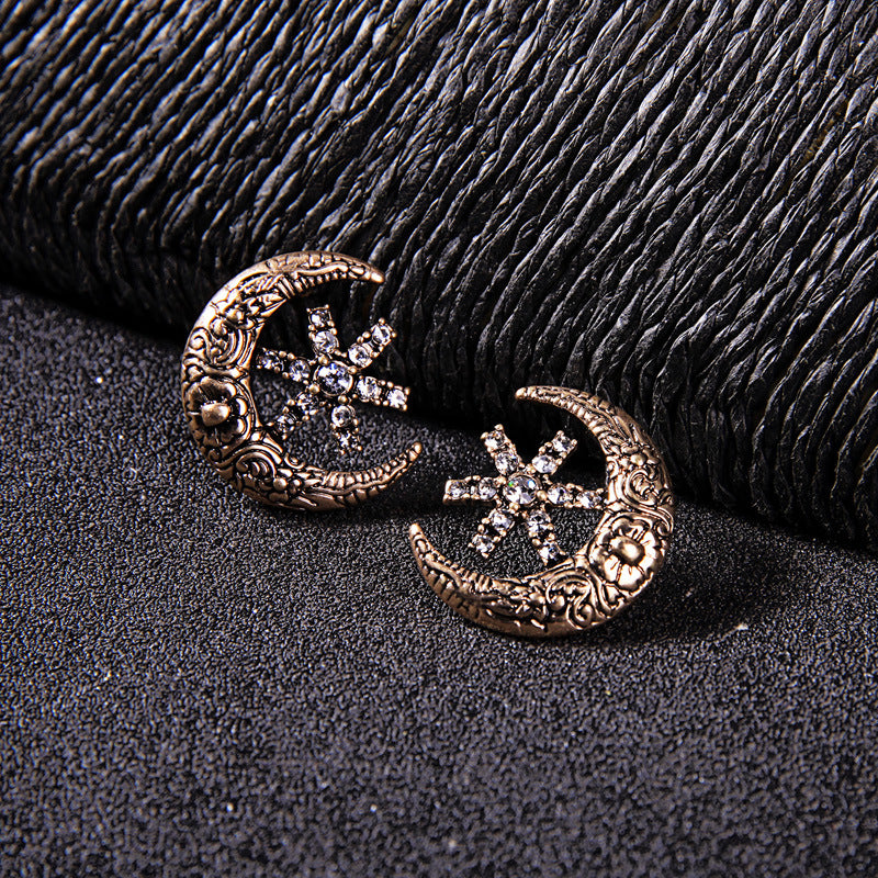 Star-Studded Moon Flower Embossed Earrings Female Retro Style