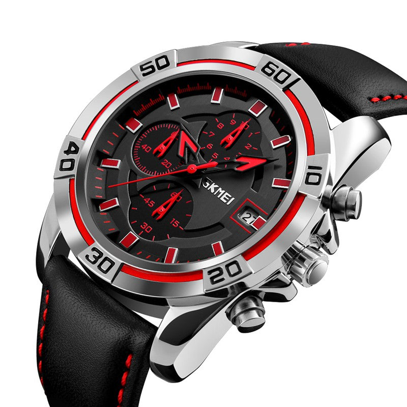 SKMEI 9156 Sport Watch Chronograph Leather Strap Waterproof Men Quartz Wrist Watch