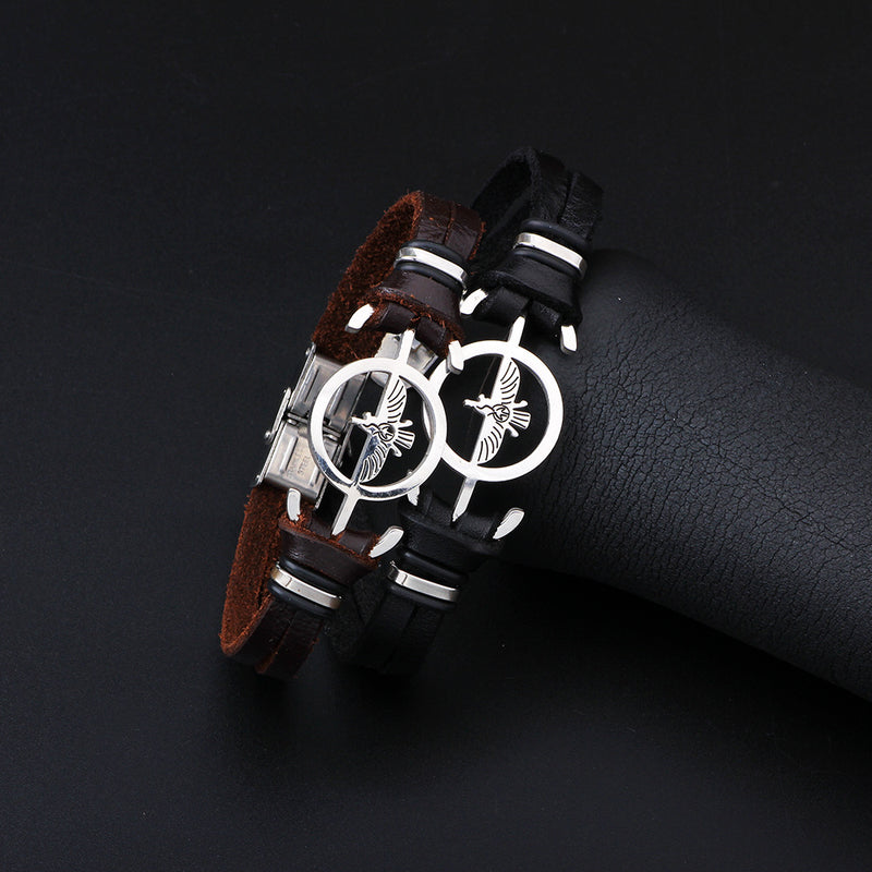 Fashion Stainless Steel Eagle Charm Genuine Leather Bracelet Men Jewelry