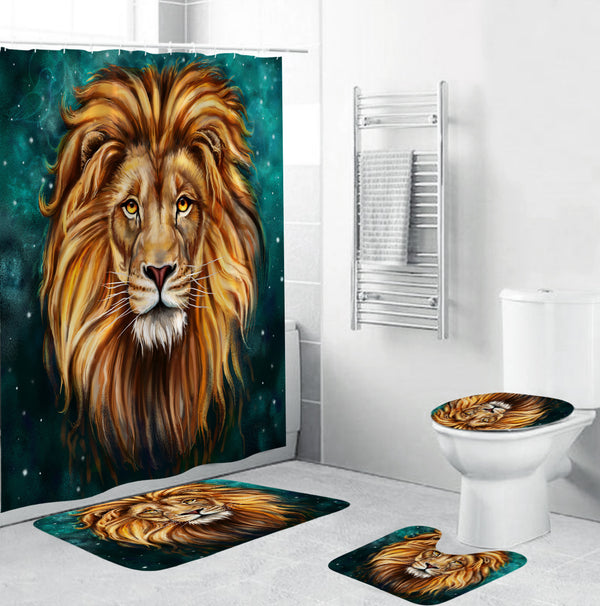 4 Pcs Bathroom Bath Mat Set Anti Slip Rugs Toilet Lid Cover Tiger Shower Curtain