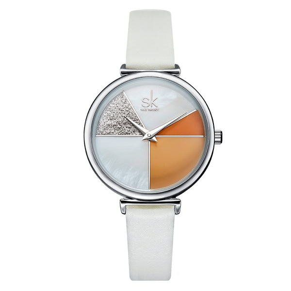 SHENGKE SK K0109 Fashion Color Segmentation Ladies Casual Dial Leather Band Women Quartz Watch