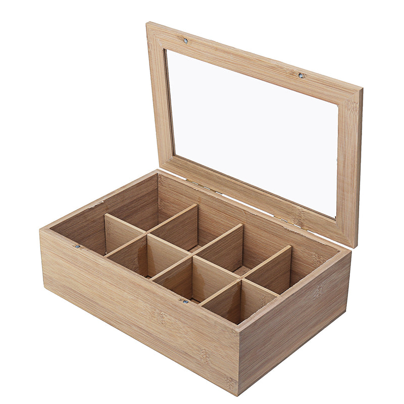 8 Compartments Wooden Tea Box Glass Top Lid Cover Container Teabags Display Storage Gift