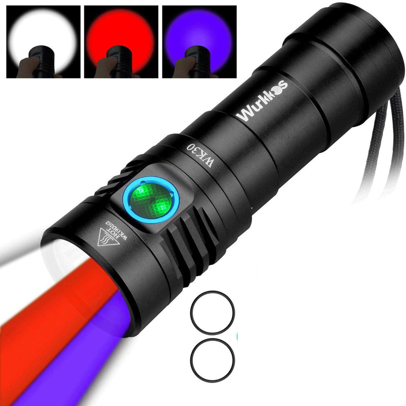 Wurkkos WK30 USB Rechargeable White/Red/UV Hunting Flashlight IPX8 Waterproof 18650 LED Flashlight