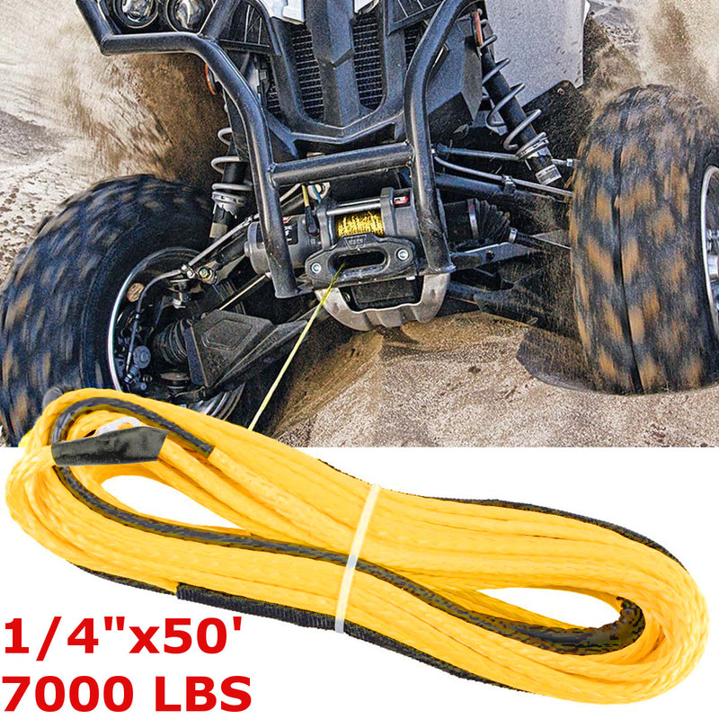 7000 Lbs 50Ft Yellow Synthetic Winch Rope Cable Towing Rope ATV Winch Line 1/4 Inch