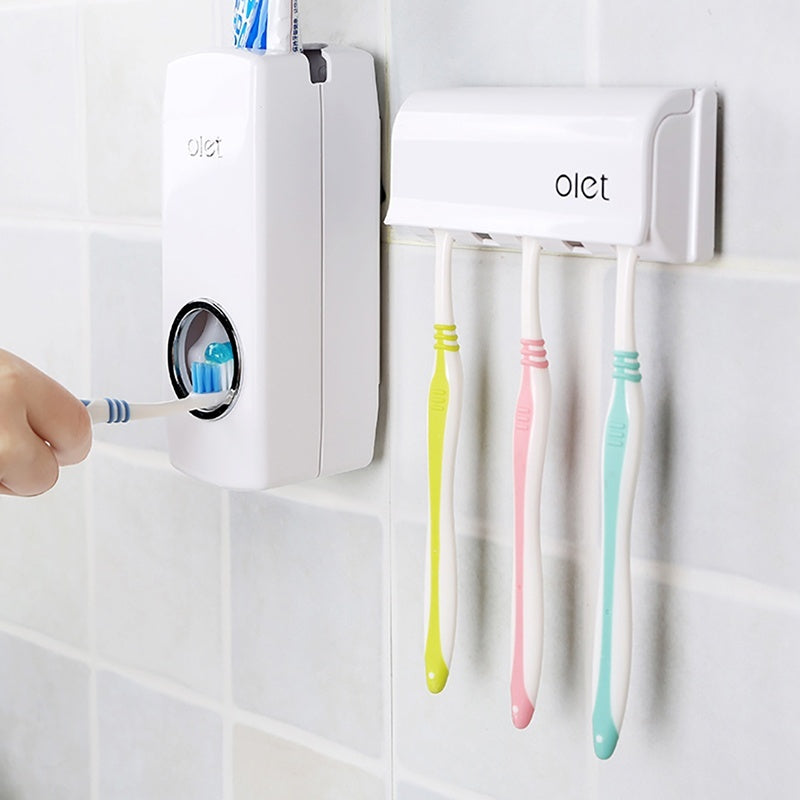 Toothbrush Holder Automatic Toothpaste Dispenser Wall Mount Rack Bathroom Tools Set