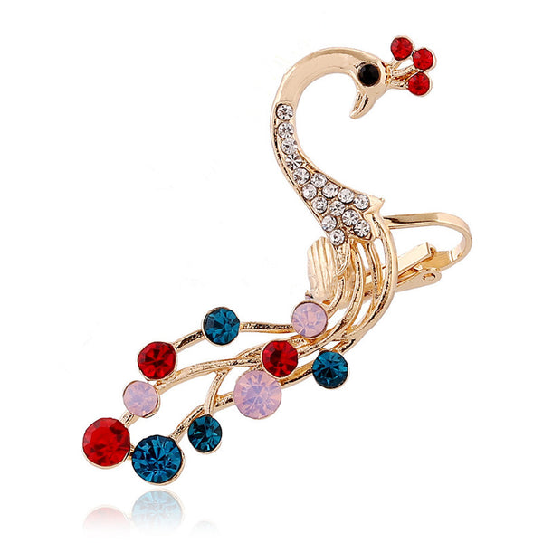 1 pc Ethnic Peacock Silver Earring Colorful Rhinestones Ear Cuff Cartilage Earring for Women
