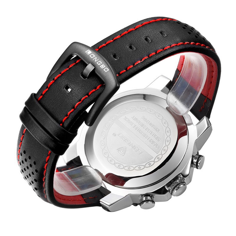 LONGBO 80176 Chronograph Calendar Quartz Watch Waterproof Leather Strap Men Watch