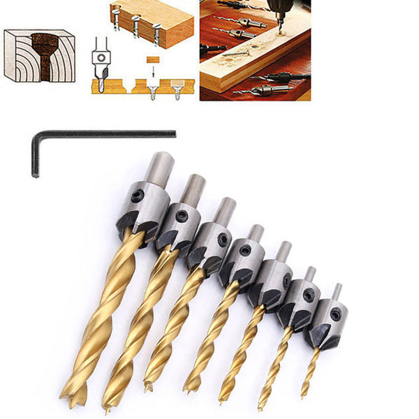 7pcs 3-10mm Countersink Drill Bit Carpentry Woodworking Boring Tool Round Shank With Hex Key