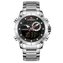 NAVIFORCE 9163 Waterproof Alarm Business Style Dual Display Watch Full Steel Quartz Watch