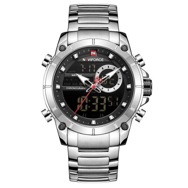 NAVIFORCE 9163 Waterproof Alarm Business Style Dual Display Watch Full Steel Quartz Watch
