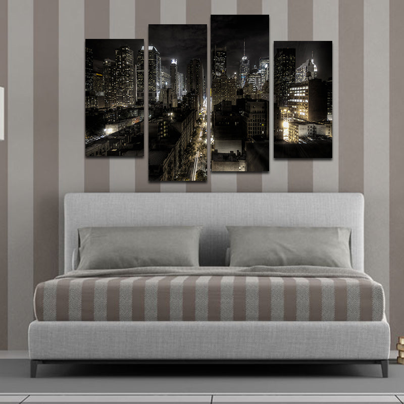 Miico Hand Painted Four Combination Decorative Paintings Dark Night City Street Wall Art For Home Decoration