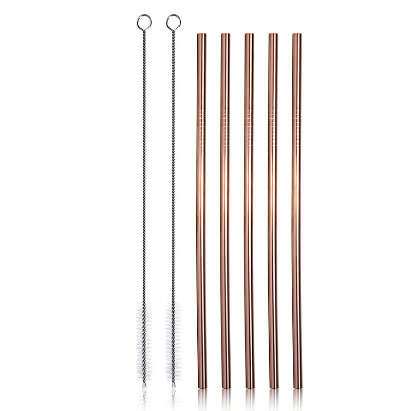 7pcs Stainless Steel Rose Gold Curved Straw / Straight Straw + Brush Reusable