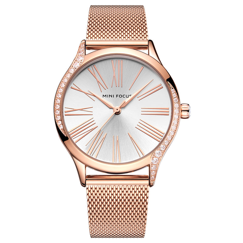 MINI FOCUS 0259L Casual Style Crystal Women Wrist Watch Stainless Steel Band Quartz Watch